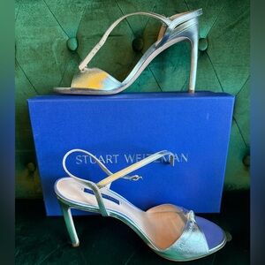 Stuart Weitzman Gloria 105 Silver Metallic Nappa Heels | Size 9.5